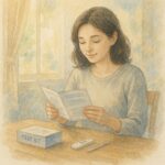 柔らかな日差しの差し込む部屋で、性病検査キットの説明書を読む若い女性。自宅で安心して検査に向き合う姿。